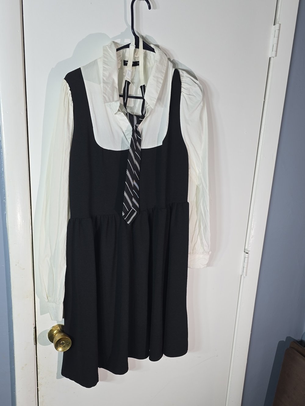 SHEIN Black Pinafore Dress with White Blouse and Striped Tie